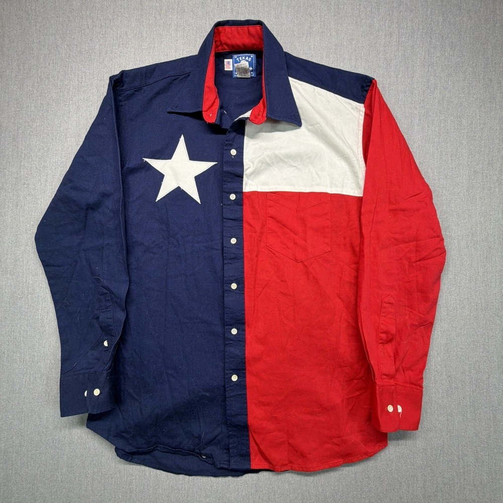 Vintage Texas Cotton Long Sleeve Texas Flag Button Up Shirt Mens Medium Western